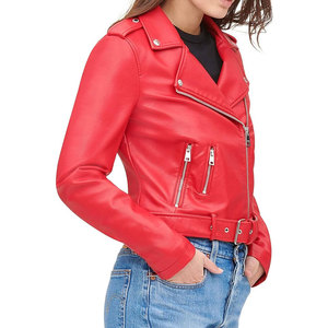 Veste en cuir véritable rouge pour femme, style moto, manches longues, fermeture éclair, col rabattu, style automne, veste en cuir classique pour femme - Product Image 6