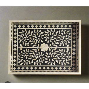 Bandeja Decorativa Negra con Incrustaciones de Hueso y Diseño Floral, Bandeja de Servicio Premium Hecha a Mano con Motivos de Hojas Blancas para Decoración de Hogar y Mesa de Lujo - Product Image 2