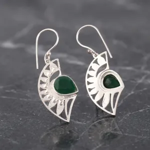 Boucles d'oreilles pendantes bohèmes en argent sterling 925 pour femmes, motif géométrique, onyx vert serti clos, boucles d'oreilles pendantes faites à la main, pour tous les jours - Product Image 6