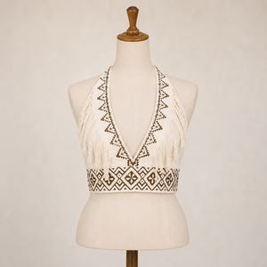 Haut court brodé à bretelles |   Haut sans manches en coton style bohème à franges et col en V profond pour femme – Idéal pour l'été, les festivals, la plage et les tenues hippies - Product Image 1