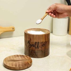 Decorative Carved Wooden Salt Cellar Handmade Kitchen Salt Box Rustic Spice Storage <b>Container</b> Countertop Organizer - Product Image 2