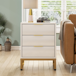 Tables <span class=keywords><strong>de</strong></span> <span class=keywords><strong>chevet</strong></span> et tables <span class=keywords><strong>de</strong></span> nuit modernes blanches avec cadre en métal doré, design minimaliste, dessus en bois à 3 tiroirs, rangement pour appartement et chambre - Product Image 2