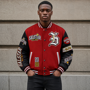 Custom Varsity <b>Jacket</b> Men’s Red Black <b>Baseball</b> <b>Bomber</b> <b>Jacket</b> Embroidered Letterman <b>Jacket</b> OEM Private Label Streetwear - Product Image 1