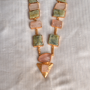 Natural Rose Quartz Long <b>Statement</b> Brass Stone <b>Necklace</b> with Earrings Set for Women-Gift for Her - Product Image 5