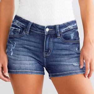 Shorts en jean taille haute déchirés pour femme, fermeture boutonnée, motif uni, tenue décontractée, 100 % coton respirant, coupe classique - Product Image 4