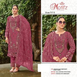 Royal & Timeless Ensemble 4 pièces en organza Shalwar Kameez Broderie lourde Khatli Detailing Patchwork Bottom Dupatta pour les fêtes - Product Image 2