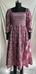 Hermoso Vestido Midi con Volantes, de Algodón Cambray con Estampado Floral, Cuello Cuadrado, Manga Abullonada, Vestidos Casuales de Verano con Cuello Fruncido - Product Image 2