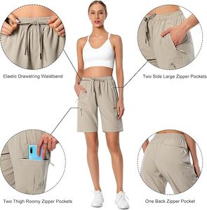 Shorts cargo taille haute pour femme, séchage rapide, cordon de serrage, taille élastique, coupe ample, couleur unie, pour le sport, la course et la randonnée - Product Image 4