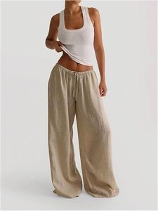 Women's <b>Linen</b> <b>Palazzo</b> <b>Pants</b> Low Waist Casual Wide Leg Long Trousers with Pockets - Product Image 3