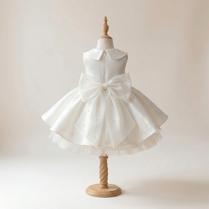 Robe de Demoiselle d'Honneur Minimaliste Ivoire Unie, Longueur Genou, Jupe en Satin, Doublure Respirante et Douce, Nœud Décoratif, Détail Perle, Manches Bouffantes - Product Image 3