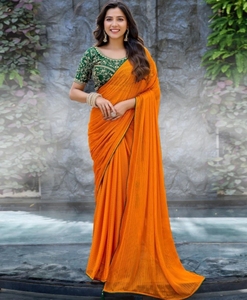 Sari de Georgette de Bollywood con adornos y rayas KV - Product Image 2