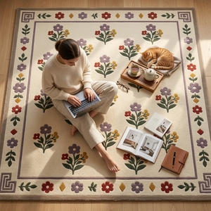 Tapis rectangulaire en laine et coton tufté à motif floral botanique ivoire, à poils moyens, avec envers antidérapant en latex, adapté aux animaux domestiques - Product Image 5
