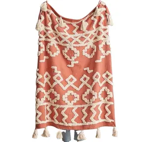 Manta de invierno Jacquard de algodón 100%, manta tejida bordada con mechones para decoración del hogar, sala de estar, venta al por mayor - Product Image 1