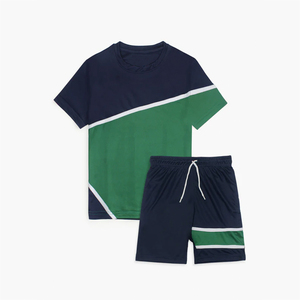 Conjunto de Camiseta y Pantalones Cortos para Niños, Diseño Color Block, Azul Marino y Verde, Secado Rápido, Estilo Casual con Cintura Ajustable con Cordón, Patrón Geométrico - Product Image 1