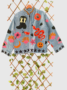 Veste en polaire brodée à la main, col mandarin, manches longues, grande taille, vêtements d'automne pour femmes, design patchwork appliqué - Product Image 4