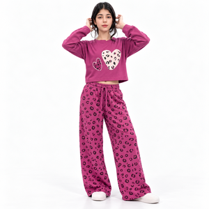 Conjunto de Pijama de 2 Piezas para Mujer, Estampado de Leopardo Rosa, Cuello Redondo, Manga Larga, Corte Holgado, Informal, para Todas las Temporadas, Top de Algodón Tejido de 220g - Product Image 1