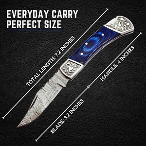 มีดพับเหล็กดามัสกัส ด้ามไม้ปักก้า ปลอกหนัง รับผลิตแบบ ODM OEM สำหรับพกพา EDC ล่าสัตว์ ตั้งแคมป์ ระดับอุตสาหกรรม - Product Image 5