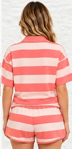 Conjunto de Camiseta Polo a Rayas y Pantalones Cortos para Mujer, Manga Corta, Cuello Camisero, Estilo Casual, Primavera Verano, 2 Piezas - Product Image 2