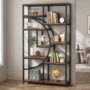 Industrial Etagere Bookshelf 8-<b>Shelf</b> Wood Freestanding <b>Modern</b> Living Room Furniture Space Saving Backless Design - Product Image 3