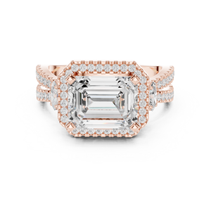 Anillo de compromiso de tres piedras con halo esmeralda Axis para mujer, oro de 10k/14k/18k/plata de ley, joyería con pavé dividido de oro y plata de laboratorio. - Product Image 3