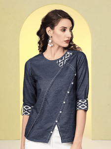 Venta al por mayor: Top de algodón azul marino de alta calidad para mujer 2026 con cuello redondo, estampado sólido, ribete y mangas enrollables, ideal para el verano. - Product Image 2