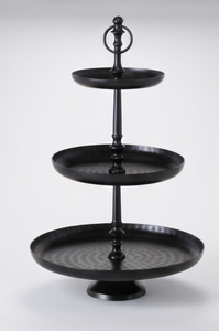 Support à gâteau multifonctionnel à 3 niveaux en métal noir, plateau de service rond texturé avec anneau de finition et poignée, présentoir à pâtisserie - Product Image 3