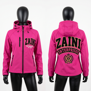 Chaqueta Softshell para Mujer, Premium, 94% Poliéster, 6% Spandex, 320 GSM, Rosa, Raglán, con Capucha, Logotipo Personalizado con Bordado Chenille y Apliques - Product Image 1