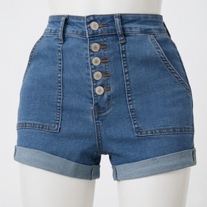 Shorts en jean taille haute de qualité supérieure pour femme, couleur unie, boutonnage frontal, délavage à la pierre, style décontracté d'été, coupe classique, look vintage - Product Image 4