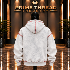 Wholesale Custom <b>White</b> Denim Hoodie Red Contrast Stitching Oversized Streetwear Pullover Hoodie OEM Design Hooded <b>Sweatshirt</b> - Product Image 3