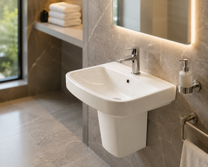 Hexagonal Semi-Pedestal Modern Bathroom <b>Sink</b> Single Hole Faucet Mount Easy Clean Glossy Finish Wall-Mounted 5 Year Warranty - Product Image 2