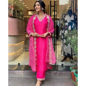 Nuevo Diseño 2023, Tela Chanderi, Kurtis y Pantalón Étnicos Modernos para Mujer, Bordado Indio, Manga Larga, Casual, Elegante, Temporada de Festivales - Product Image 1