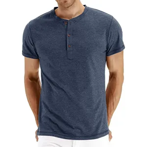 Camiseta Henley de Manga Corta Azul Marino para Hombre, Corte Regular, Informal, de Algodón Jersey, Color Sólido, Cuello Redondo - Product Image 3