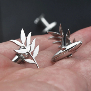 Custom Silver Tone Acacia Sprig Cufflinks Polished Leaf Design Mens Formal Shirt Accessories Wedding Gift - Product Image 3