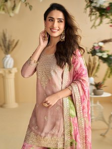 Conjunto Palazzo Rosa con Bordado Floral para Mujer, Traje Tradicional Indio Pakistaní de Secado Rápido, Largo hasta el Suelo, para Fiestas y Bodas - Product Image 4