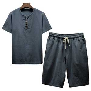Ensemble t-shirt et short en coton uni pour homme, décontracté, respirant, pour l'été, col Henry, tissu tissé - Product Image 1