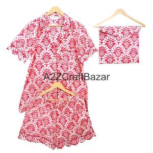 Ensemble de pyjama décontracté en coton pur 100% imprimé à la main, style kangourou, manches courtes, col en V, coupe trapèze, avec poches, doux et respirant - Product Image 6