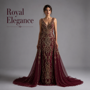 Luxury Burgundy Gold Embroidered Mermaid Evening Gown V Neck Sleeveless <b>Flared</b> Train Dress | OEM Private Label Bulk Supply India - Product Image 1