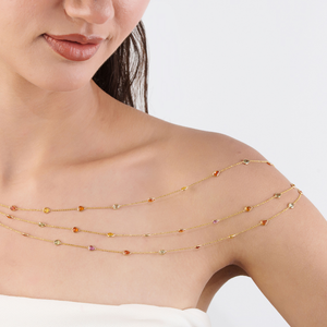 Collier chaîne triple couche tendance en or jaune 18 carats avec pierres précieuses saphir multicolores arc-en-ciel, vente en gros au meilleur prix - Product Image 4