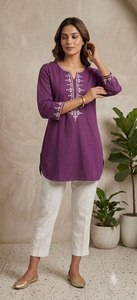 Purple Embroidered VATICAN <b>Kurta</b> 3/4 Sleeves <b>for</b> <b>Women</b> Casual Regular Fit Indian Pakistani Style Stretchable Quick Dry - Product Image 2