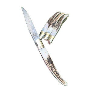 High Quality Stainless Steel Damascus Folding Pocket Knife Laguiole Style Stag Horn Handle Straight <b>Drop</b> Point Blade 19cm - Product Image 4