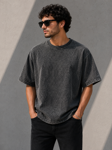 เสื้อยืดคอกลมทรงโอเวอร์ไซส์สไตล์วินเทจสำหรับผู้ชาย สีพื้น ย้อมสีแบบ Acid Wash ผ้าฝ้าย 100% สตรีทแวร์ลำลองสำหรับฤดูร้อน แบบถัก - Product Image 4