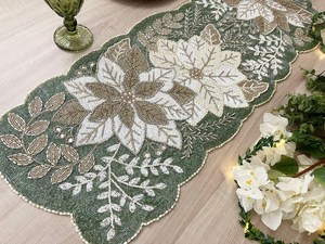 Handmade Luxury Eco-Friendly Christmas Fabric Table <b>Runner</b> <b>Green</b> Cream Embroidered Poinsettia Design Customized Shape Mats Pads - Product Image 5