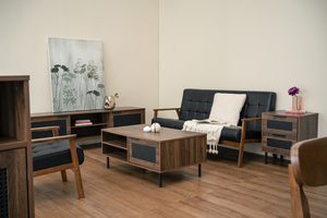 Minimalist <b>Walnut</b> Storage Center Coffee in Rattan Particle Board Center <b>Table</b> with Sturdy Metal Legs for Apartment Living - Product Image 5