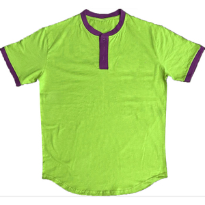 เสื้อยืดแขนสั้นสีเขียวมะนาวสำหรับผู้ชาย แต่งขอบสีม่วง ดีไซน์คอกลมแบบลำลอง ผ้าถัก สีพื้น - Product Image 1