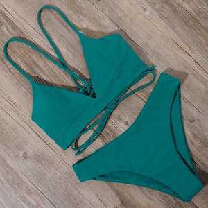 Women's Pink Bikini Set Crossed Halter Top Tie Side Bottom <b>Thong</b> Swimwear Stretch Spandex Polyester Solid Color - Product Image 6