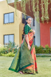Orange And Green Silk Saree With Zari Border For Wedding And Festival Wear Women Traditional Indian Ethnic Dress - Product Image 3