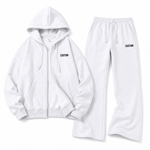 Ensemble survêtement femme personnalisé avec logo, sweat-shirt court blanc et pantalon large en molleton de coton, fermeture éclair intégrale, tenue de sport deux pièces - Product Image 3