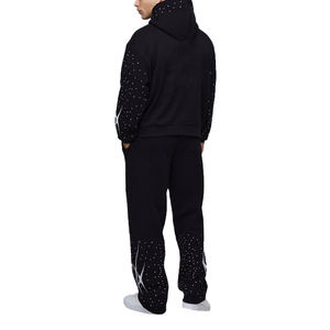 Chándal personalizado 100% algodón, grueso, holgado, con logotipo de pedrería, pantalones deportivos con estampado, corte cuadrado, unisex, para hombre - Product Image 2