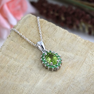 Collar con Colgante de Peridoto Natural, Plata de Ley 925, Gema Verde con Halo, para Mujer, Joyería de Piedra de Nacimiento de Agosto - Product Image 6