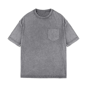 Camiseta de Manga Corta para Hombre, Cuello Redondo, Color Gris, con Bolsillo en el Pecho, Corte Regular, Algodón Lavado, Estilo Casual - Product Image 1